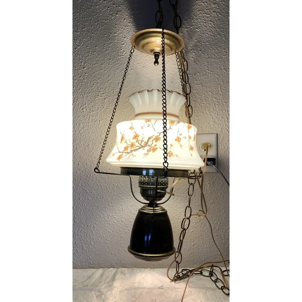Vintage Hurricane Swag Lamp Floral Milk Glass Country Cottage Portable Hanging